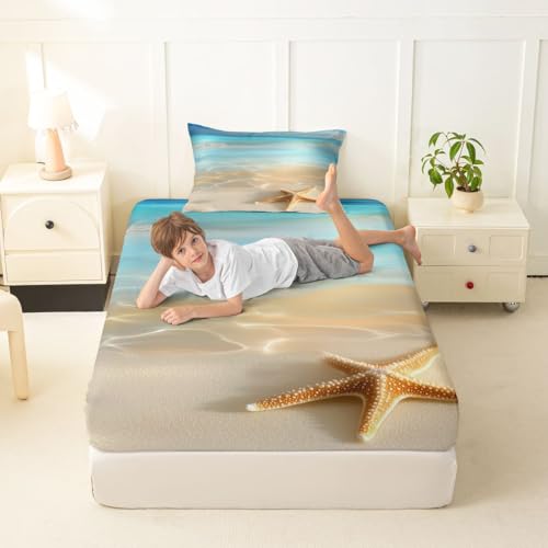 Image of jejeloiu Beach Scenery Bed Sheets Set Twin Size Ocean Bed Set Coastal Nautical Deep Pocket Fitted Sheet Starfish Seashell Conch Breathable Soft Lightweight Microfiber