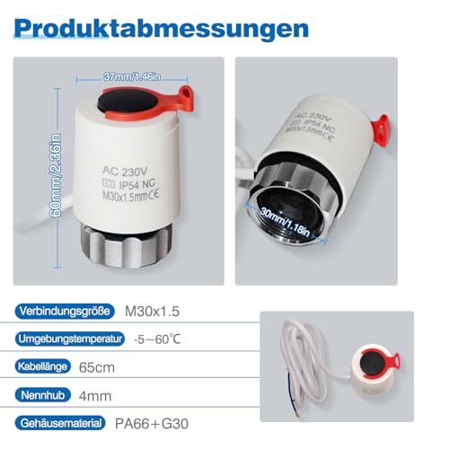 Stellantrieb Fussbodenheizung 230v M30x1,5 NC (stromlos geschlossen), Stellmotor VA80 für Fußbodenheizung, Fußbodenheizung Ventil für nahezu jeden Heizkreisverteiler (2)