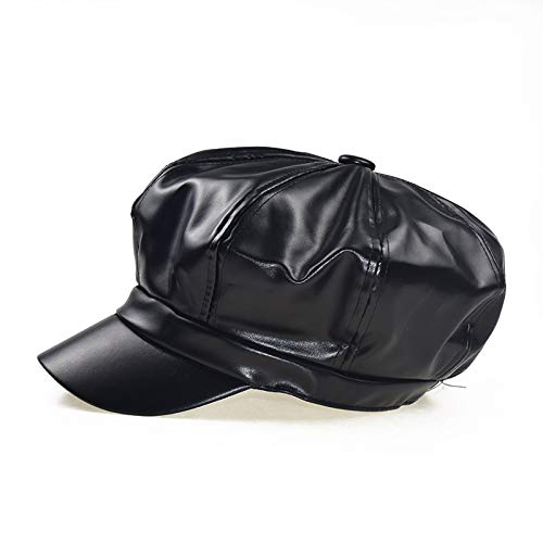 SUNTRADE Women Newsboy Hats,8 Panel Ivy Beret PU Leather Cabbie Cap (Black)