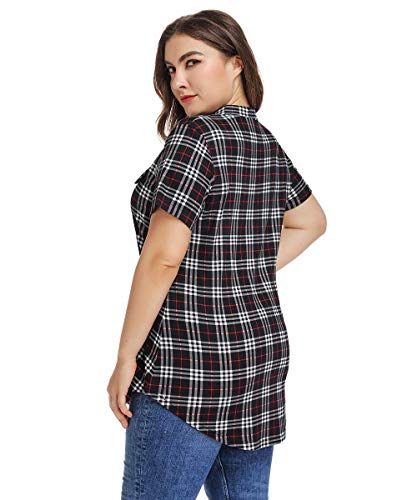 Monnuro Womens Plaid Shirts Henley V Neck Casual Loose Short Sleeve Tunic Blouses Tops(Black,3X) #TOP3