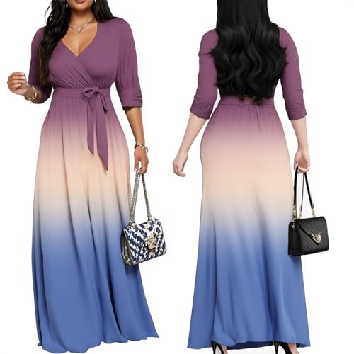 Image of Women's Church Maxi Wrap V Neck 3 /4 Sleeve Tie Waist Plus Size Long Dress | Flattering wrap V-neck design enhances curves. High elastic tie waist accentuates the slimmest part, hides tummy.