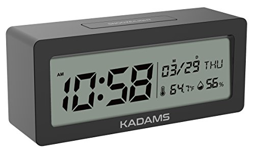 KADAMS Battery Digital Alarm Clock with Snooze, Backlight, Calendar Month Date Day, Temperature and Humidity, Low Battery Indicator, Small Portable Travel Clock, for Shelf Desk Table - Black