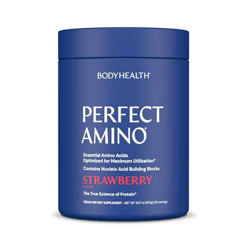 Image of BodyHealth PerfectAmino Powder - BCAA and EAA Powder for Pre and Post Workout - Amino Acid Energy Drink for Men and Women to Support Lean Muscle and Recovery - Strawberry - 120 Servings