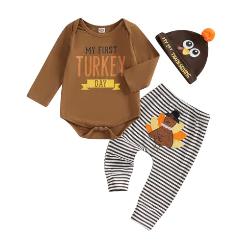 Image of Lamuusaa My First Thanksgiving Baby Boy Outfit Long Sleeve Turkey Romper Stripe Long Pants Turkey Hat 3Pcs Clothes Set 0-18M