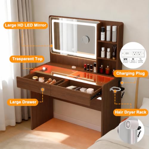 Image of Makeup Vanity Desk with LED Mirror & RGB Lights, Glass Top Vanity Table for Women, Adjustable Brightness & 3 Color Modes, 2 Drawers Storage, Peach Modern Bedroom Vanity Set