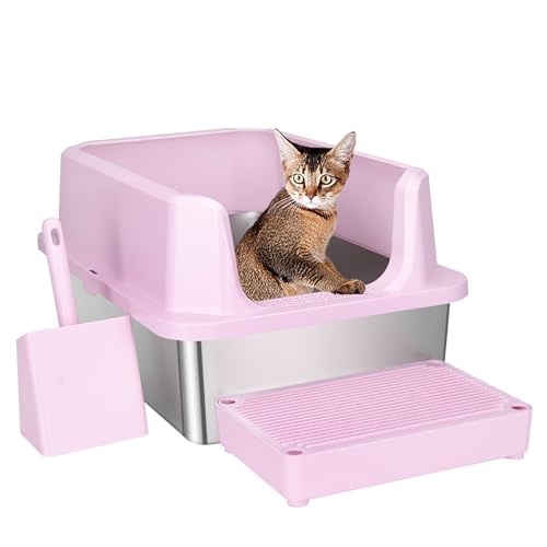RIZZARI Open Top Stainless Steel Cat Litter Box with Scoop