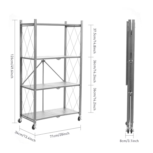 Image of BRIAN & DANY 4-Tier Foldable Storage Shelves with Wheels, Folding Metal Rack Shelving Unit, Heavy Duty No Assembly Organizer Shelf for Garage, Kitchen, Basement, Pantry, Gray