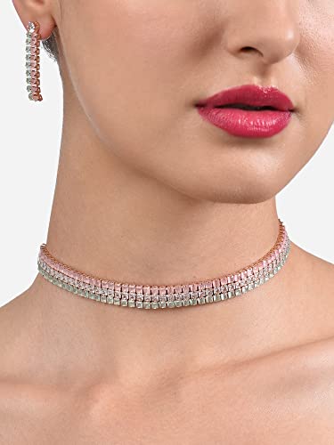 Image of Ami Green and Pink Dazzling Cubic Zirconia Party Bling Necklace and Earring Set For Women-ZPFK19696