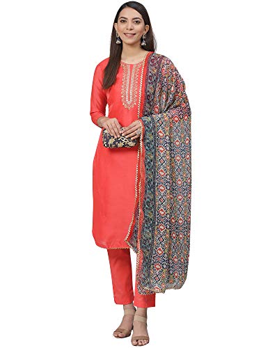 Image of AKHILAM Women's Chanderi Cotton Embroidered Unstitched Salwar Suit Material (Red 32DMK80 M Parent)
