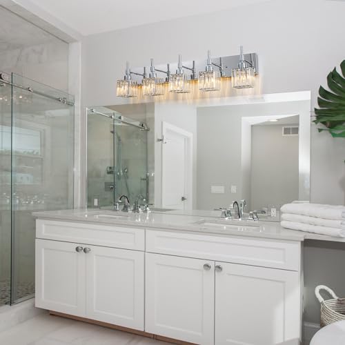 Image of 5 Light Chrome Crystal Bothroom Vanity Lights Over Mirror, Modern Bathroom Lighting Fixture,Wall Sconce for Mirror（Dressing Room, Entryway,Vanity Desk）