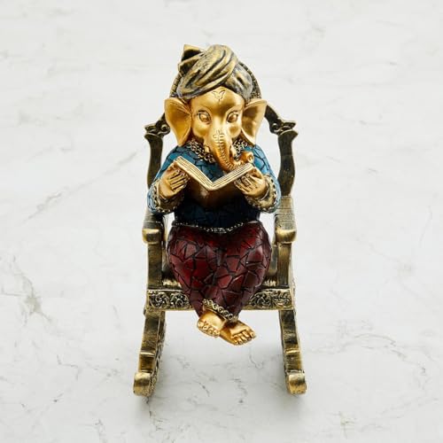 Image of Karigaari India Artistic Ganesha Showpiece for Home Decor - Elegant Polyresin Ganesh Idol on Chair - Adds Wisdom & Positive Vibes to Any Space - Perfect Housewarming Gift