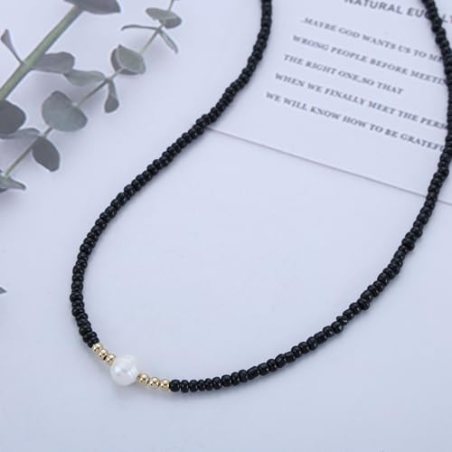 Vintage Seed Bead Choker Necklace Pearl Pendant Necklace Black Rice Bead Necklace Short Seed Bead Chain Necklace Boho Pearl Neckclace for Women4