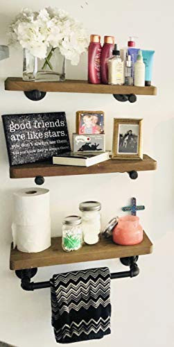 Up To 40% OFF Olillo Industrial Pipe Shelves with Towel Rack: DIY Floating Wood Shelves on Industrial Pipes - Rustic Mounted Wall Shelf for Bathroom, Kitchen, Living Room, Bedroom - Farmhouse Decor Shelving Units