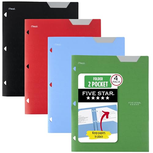 Five Star 2-Pocket Plastic Folder with Stay-Put Tabs Fits 3-Ring Binder Holds 8.5 x 11 Paper Assorted Colors 4 Pack (333420A)