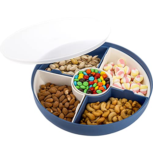 ZENFUN 11.5” Candy and Nut Serving Container with Lid, 5 Compartment Divided Plastic Snack Bowls Serving Tray, Multifunctional Party Appetizer Tray for Dried Fruits, Food Storage, Blue