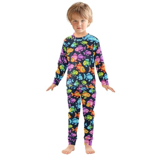 Pajama Sets Long Sleeve Colorful Fish on Black Soft Comfy Sleepwear 2 Piece PJS 3-8T2