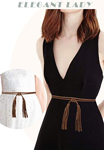 Women Girls Braided Waist Tie Belt/Rope with Tassel Wrap Cloth Belts for Dress Pants4