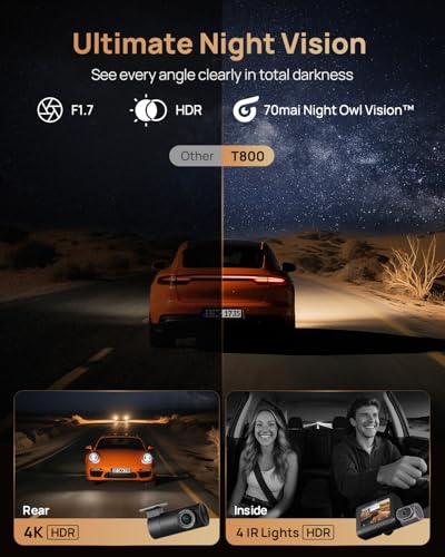 70mai 4K T800 3 Channel Dash Cam, Dash Cam Front and Rear Inside(2160P+2160P+1080P), STARVIS 2 IMX678, HDR Night Vision, Dash Camera for Cars with 512GB Card, WiFi 6, 4G LTE, ADAS, 24H Parking Mode - Image 4