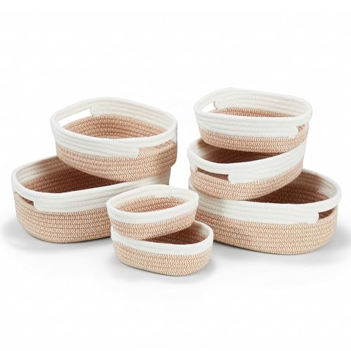 MANGATA Cestas de Almacenaje Inodoras, Cestas Tejidas de Cuerda de Algodón para Armario, Estante, Cajón, Pequeñas Cajas de Almacenaje para Llaves, Toallas, Material Suave (Jengibre, Paquete de 7)
