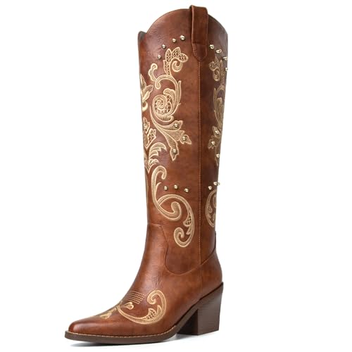 Image of Western Cowboy Boots for Women Knee High Cowgirl Boots with Classic Embroidered, Pointed Toe Chunky Heel Fashion Retro Classic Pull On Tall Boot Women Fall Winter