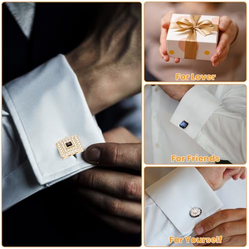 6 Pairs Cufflinks for Men Gorgeous Diamond Crystal Cufflinks Fashion Classic Tone Cuff Links Round Square Rectangle Cuff Links Shirt Studs Formal Business Wedding Gifts for Men3