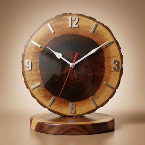 Image of Wall Clock | Handcrafted Sheesham Wooden Wall Clock with Silent Sweep Quartz Movement - Solid Wood Wall Clock for Living Room, Office & Home Decor (Rustic Design) (Silver)