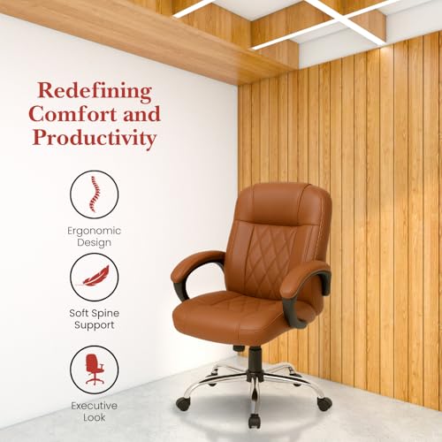 Image of activa Ergonomic Office Chair with Premium Leatherette & Padded Seat | Adjustable Height | Desk Chair for Work /Study | Chairs for Workstations (Galaxy, Tan)