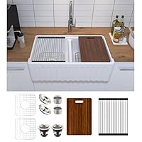 MEJE #KS 33 x 20 Zoll 50/50 Doppelschüssel, Keramikschürze mit vorderem Stufenrand, Arbeitsstation, Bauernhaus-Küchenspüle, mit Schneidebrett, Gitter und Sieb – Weiß