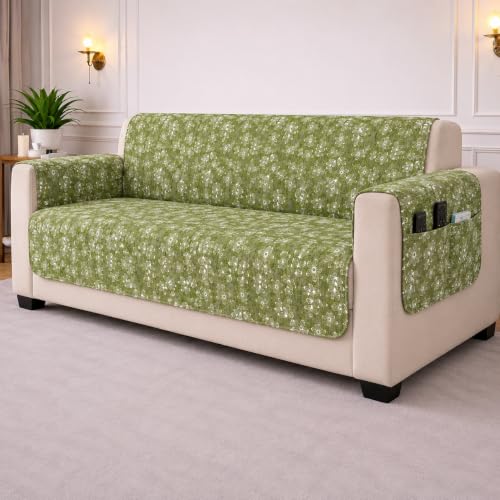 Image of STITCHNEST 'Opulence Series' Floral Woven Sofa Cover for 3 Seater | Premium Soft Fabric Sofa Protector | Green Floral Pattern with Armrest Pockets | Durable Living Room Furniture Cover