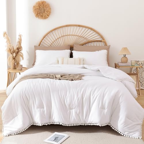 YIRDDEO King Size Comforter Set - King Size Comforter with Ball Pom Fringe, Soft King Bedding Set for All Seasons - 3 Pieces, 1 Comforter (104"x90"inches) & 2 Pillow Shams(20"x36"), White