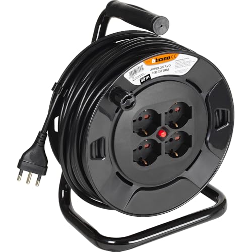 BTICINO Carrete de cable S2630 alargador eléctrico de 30 metros, 4 enchufes Schuko, bipolo, enchufe grande 16 A, interruptor térmico, mango ergonómico, soporte para cables y carrete de cable, color