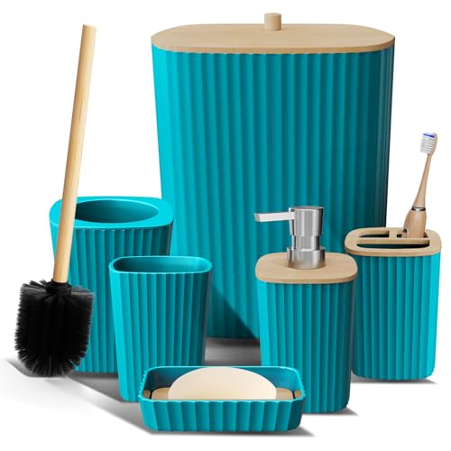 Clara Clark Ensemble d'accessoires de Salle de Bain 6 pièces - Bleu Sarcelle - Plastique - Texturée - Moderne - Brosses à Dents, Savon, Poubelle, Brosse WC