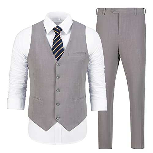 ZKHOECR Lässiger Leinenanzug für Herren, 2-teilig, schmale Passform, Hochzeitsanzüge, Abschlussball, Bräutigam, Smoking, Strandanzug, Weste, Hose, GRAU, S