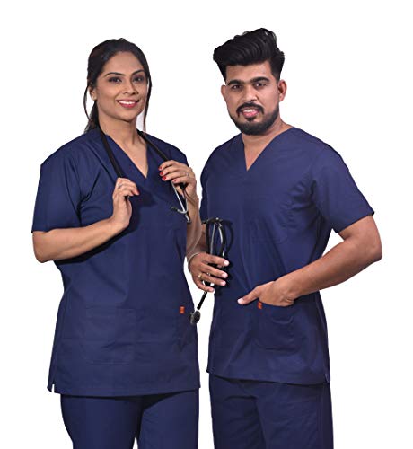 Image of UNISEX V-NECK POLYESTER COTTON MEDICAL SCRUB SUIT FOR DOCTORS (TOP AND BOTTOM) TRIPLE NEEDLE STITCH TOP WITH CHEST POCKET, NAVY BLUE, 46-3XL.