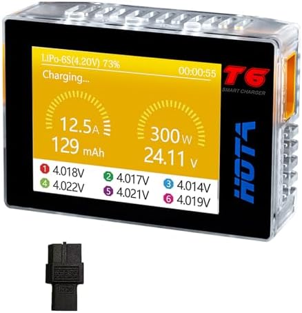 HOTA T6 Smart Battery Charger, 300W XT60/PD Dual Input, 1-6S Lipo Battery Portable Charger, 15A Compact RC Car Charger Support PD3.0 and QC Fast Charging Protocols with Muti-Language