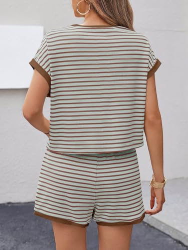 Image of Tankaneo Womens Summer 2 Piece Sets Striped Short Sleeve T Shirts and Shorts Loungewear Matching Set