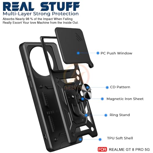 Image of Armor Bumper Back Cover Case for Realme GT 8 Pro 5G Rotating Camera Cover, Ring Holder & Kickstand | Heavy Duty & 360 Degree Protection Realme GT 8 Pro 5G Back Cover (Black)