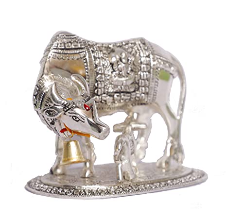 Image of KridayKraft Kamdhenu Cow with Calf Metal Statue for Good Luck, Feng Shui As Table Top Figurine, Vastu, Religious Gau Mata Idol Home, Office and Table Decorative (Silver, Standard)