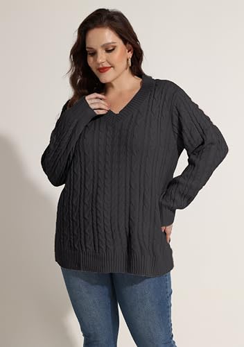 Image of CARCOS Plus Size Sweaters for Curvy Women Long Sleeve Cable V Neck Sweater Knit Pullover Preppy Style Fall Winter XL-5XL