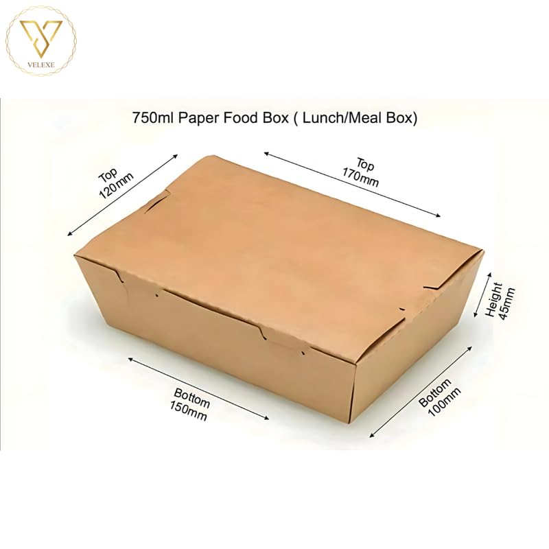 Image of Brown Kraft Paper Food Box | 17x15x4.5 CM | 750ml | Pack of 100 | Eco-Friendly Takeaway Containers | Biodegradable & Disposable Food Containers for Meal, Party Catering, Takeout, and Delivery