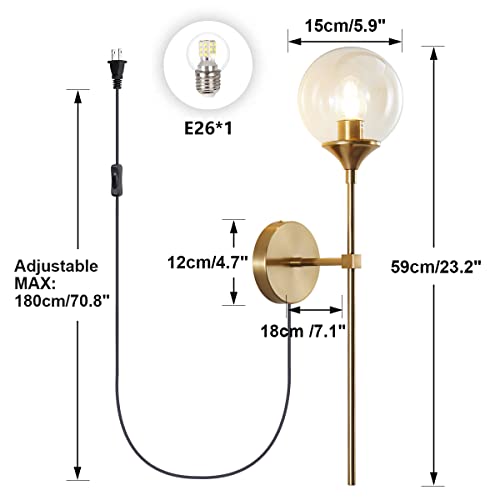 Image of BOKT Brushed Gold Plug in Wall Sconce Set of 2 Mid Century Modern Long Globe Wall Sconce Light with Plug in Cord Amber Glass Bathroom Vanity Light Fixture (Amber-Plug in)
