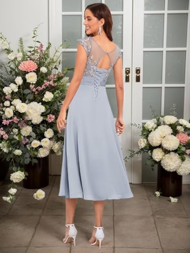 Mother of The Bride Dresses for Women Crew Neck A Line Tea Length Lace Chiffon Womens Formal Dress3