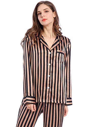 Image of Serenedelicacy Women's Satin Pajama Set Long Sleeve Button Down Sleepwear 2-Piece Silky Pj Set