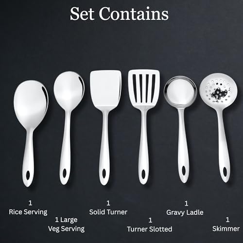Image of Montavo by FnS 6 Pieces Stainless Steel Serving Tools Set | Rice Server, Gravy Ladle, Serving Spoon, Solid Turner, Skimmer & Slotted Turner | Kitchen Utensil Set for Home & Dining