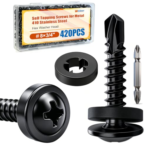 weideer 420pcs #8×3/4" Self Tapping Screws for Metal, 410 Stainless Steel Metal Screw, Black Oxide Truss Head Sheet Metal Screws with Washer, Screwdriver Bit K-158-BK-19mm