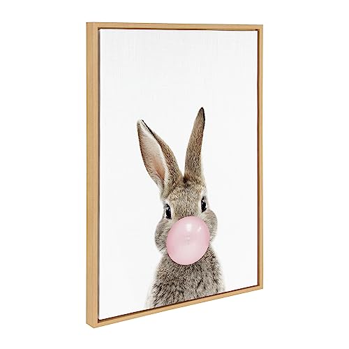 Image of Kate and Laurel Sylvie Bubble Gum Bunny Framed Canvas Wall Art by Amy Peterson Art Studio; 23x33 Natural; Cute Whimsical Animal Art for Wall