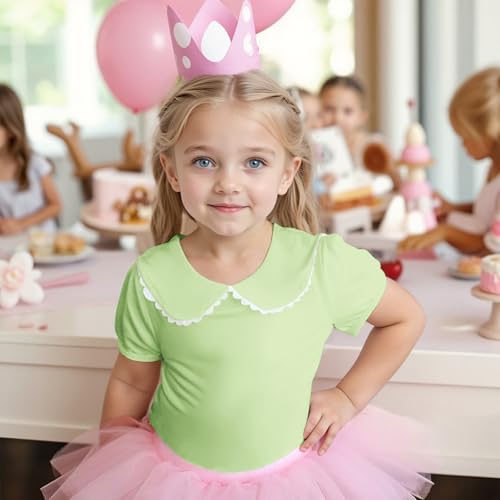 Image of MODNTOGA Kids Baby Girl Long Sleeve Collar Shirt Toddler White Blouse Puff Short Sleeve T-Shirt Solid Color Basic Top Bottom (Green, 2-3 Years(100))