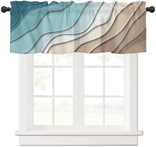 Curtain Valance for Windows Teal Blue Modern Geometric Rod Pocket Valance Window Treatments 1 Panel Brown Abstract Ocean Wave Short Curtains for Kitchen Windows Bathroom Bedroom 42 x 18 inch