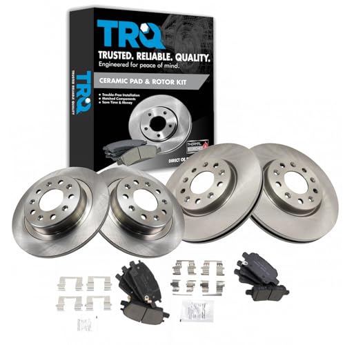 TRQ Front and Rear Ceramic Brake Pad and Rotor Set Compatible with 18–19 Chevrolet Equinox with 300 mm Diameter Front Rotors; 16–19 Chevrolet Malibu with Power Parking Brake