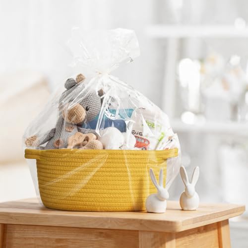 Image of Small Yellow Woven Gift Basket, Baskets for Gifts Empty, Cotton Rope Cat Dog Toy Bin Box, Baby Nursery Organizer, Easter Basket with Handle, Shelf Storage Bin, Yellow Room Decor, 12 inchx 8 inchx 5 inch